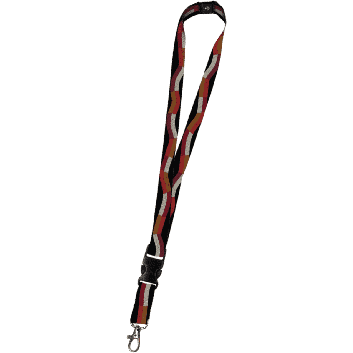 A black lanyard featuring a multi-coloured geometric pattern and a clip for attachment. Includes a logo.