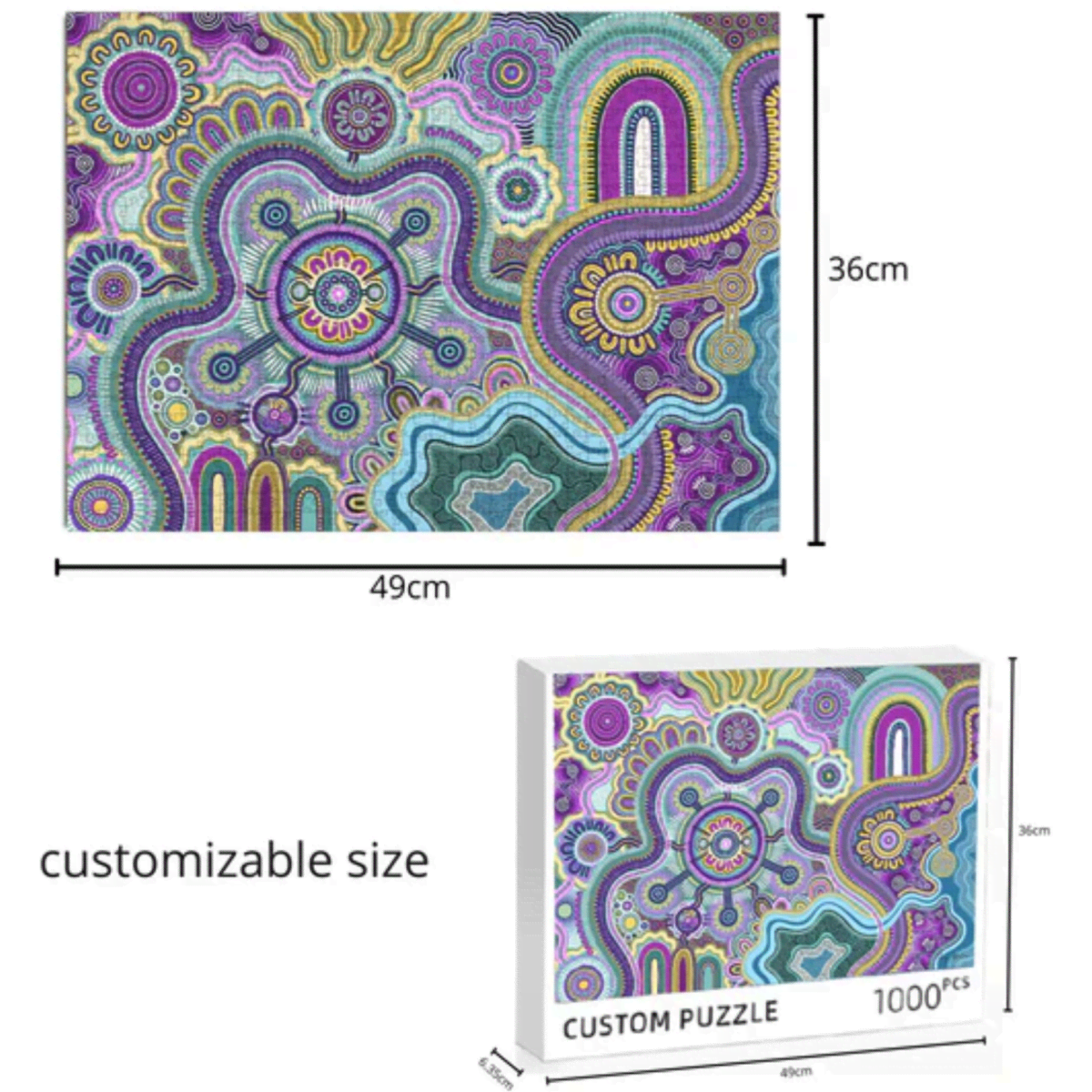 A 1,000-piece jigsaw puzzle featuring intricate, colourful patterns with swirls and shapes in vibrant hues.