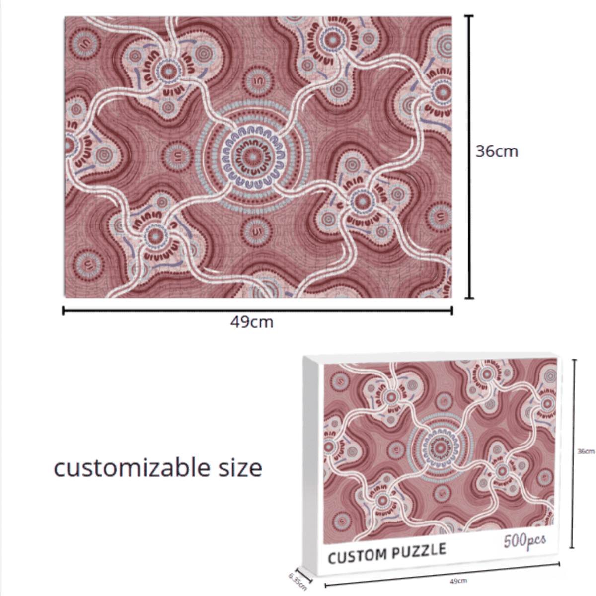 A 500-piece jigsaw puzzle with a red and white intricate design, displayed with dimensions and a boxed version.