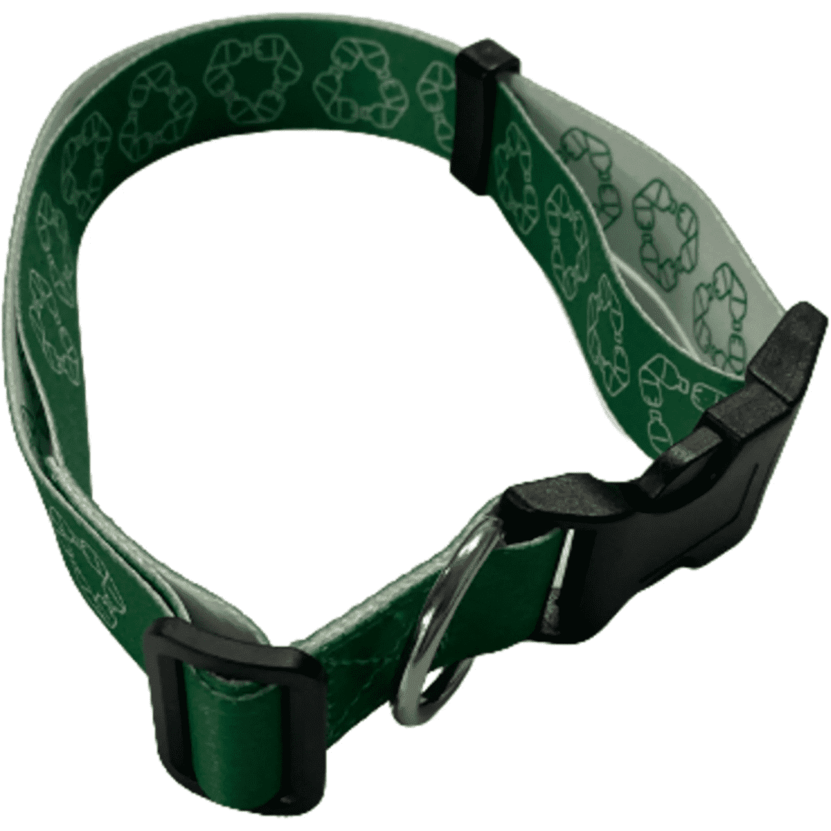 A green rPET dog collar with a recycling symbol pattern and black plastic buckle and ring.