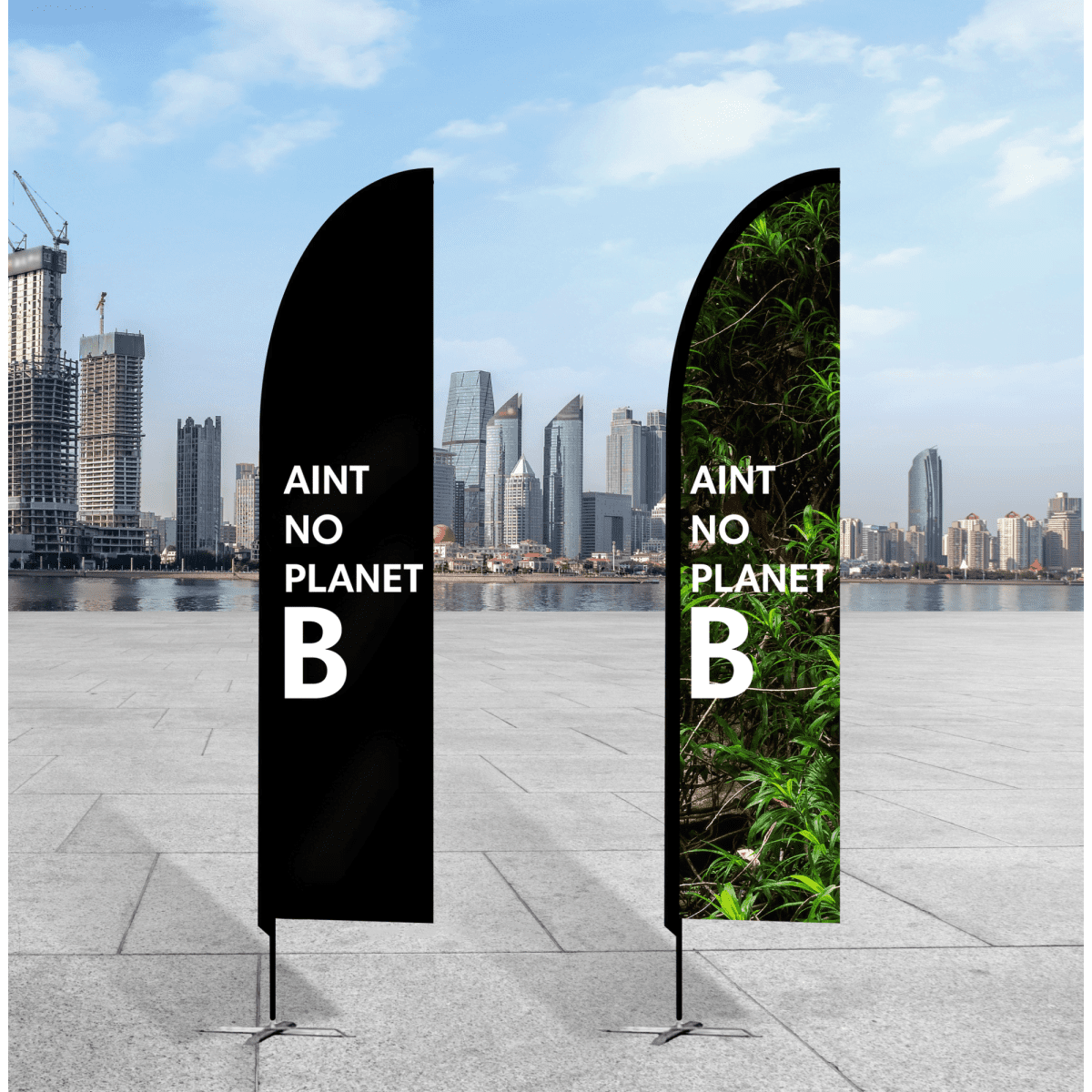 Two medium feather banners with a black design and a green nature-themed design, displaying the text "AIN'T NO PLANET B."