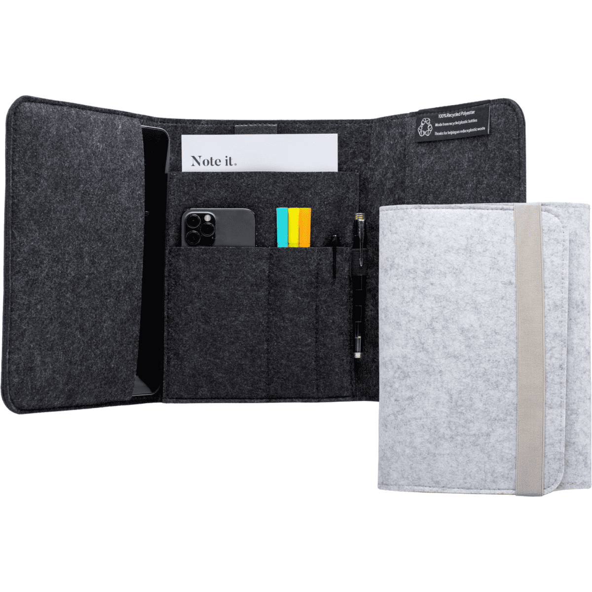 A grey and black felt tablet organiser with pockets for a phone, pens, and sticky notes. It includes a logo.