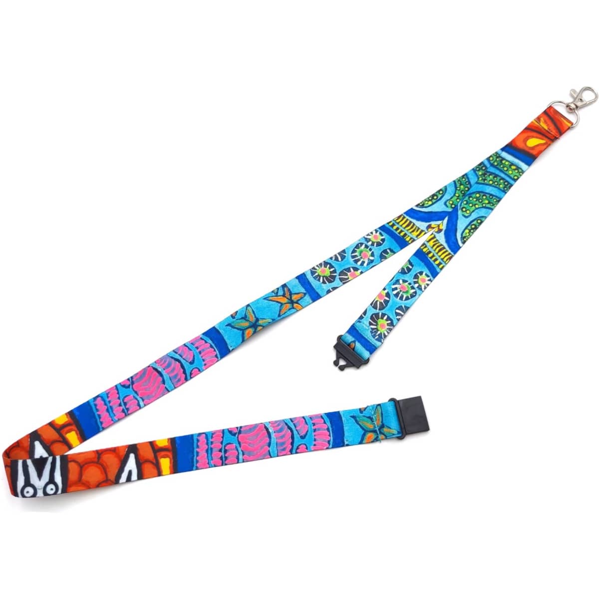 A vibrant, multi-coloured lanyard with a side clip and a design featuring various patterns and shapes.