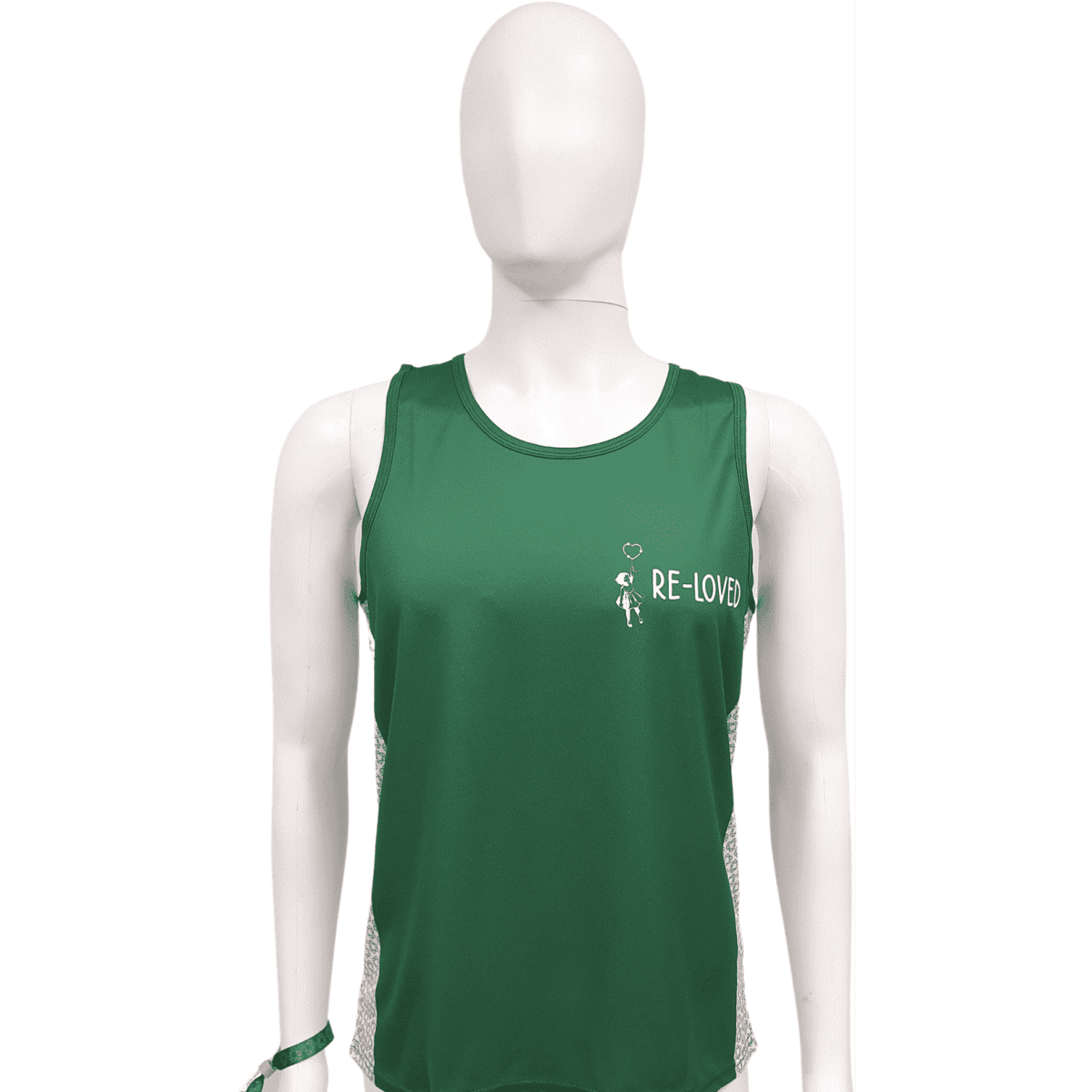 A green sublimated rPET singlet displayed on a mannequin, featuring a logo on the front and mesh sides.