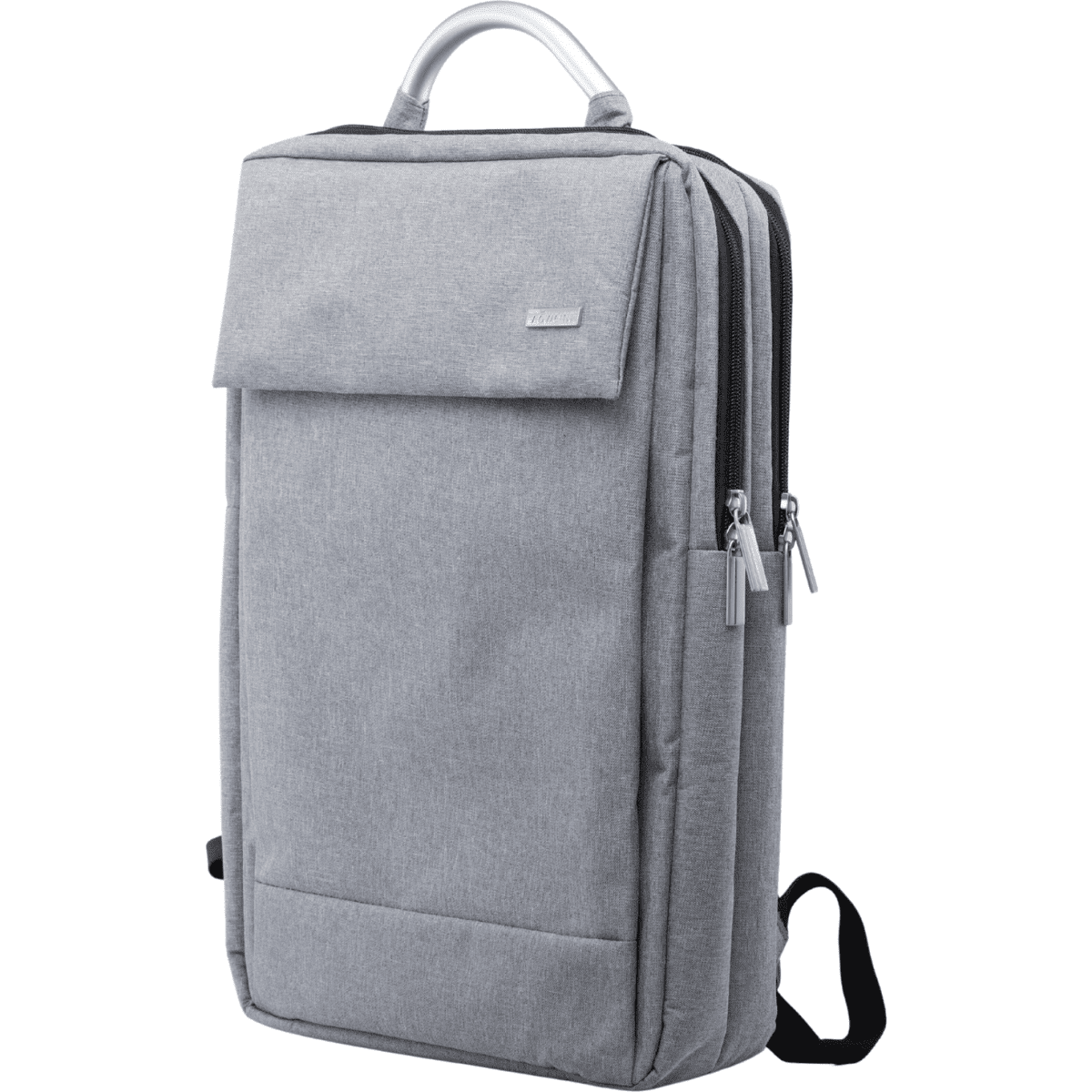 A grey laptop backpack with a sleek design, featuring a handle, zippers, and a branded logo.
