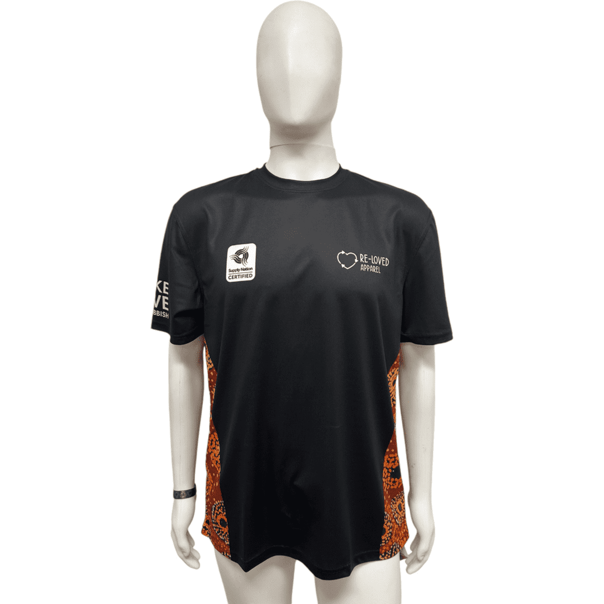 A black sublimated rPET T-shirt with orange patterned detailing and a logo on the front.
