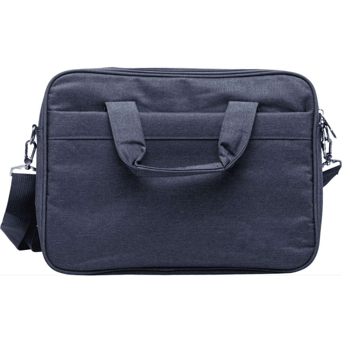 A dark grey laptop bag featuring two handles and a detachable shoulder strap, with a logo on the front.