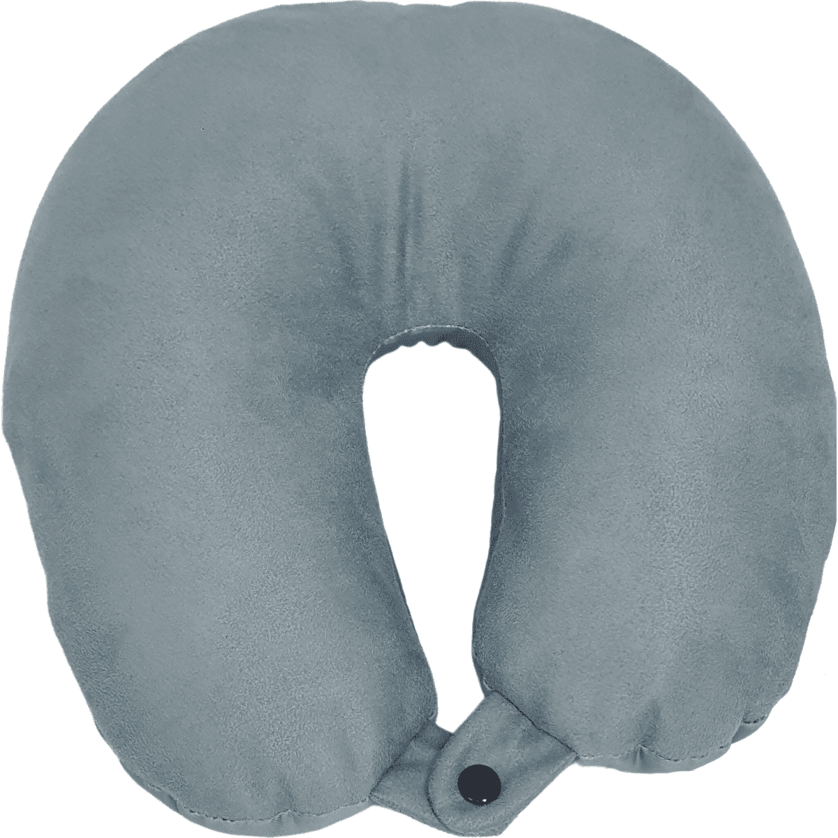A grey travel pillow with a U-shape design, featuring a snap closure and a soft texture.