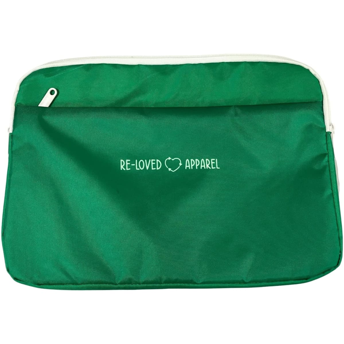 A green laptop sleeve with a zip closure and a logo on the front. Suitable for protecting laptops and devices.