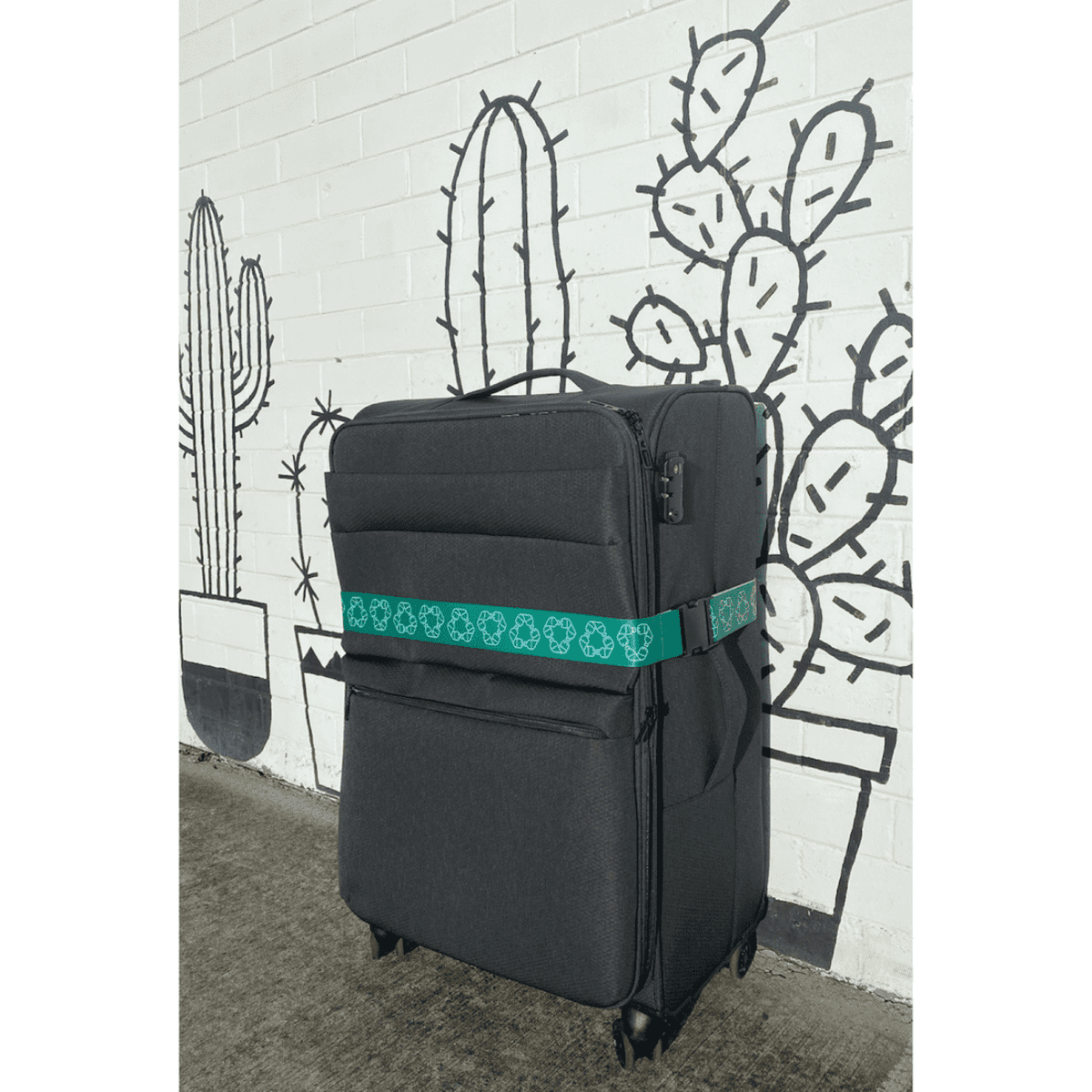 A black suitcase secured with a green rPET luggage strap, set against a wall featuring cactus illustrations.