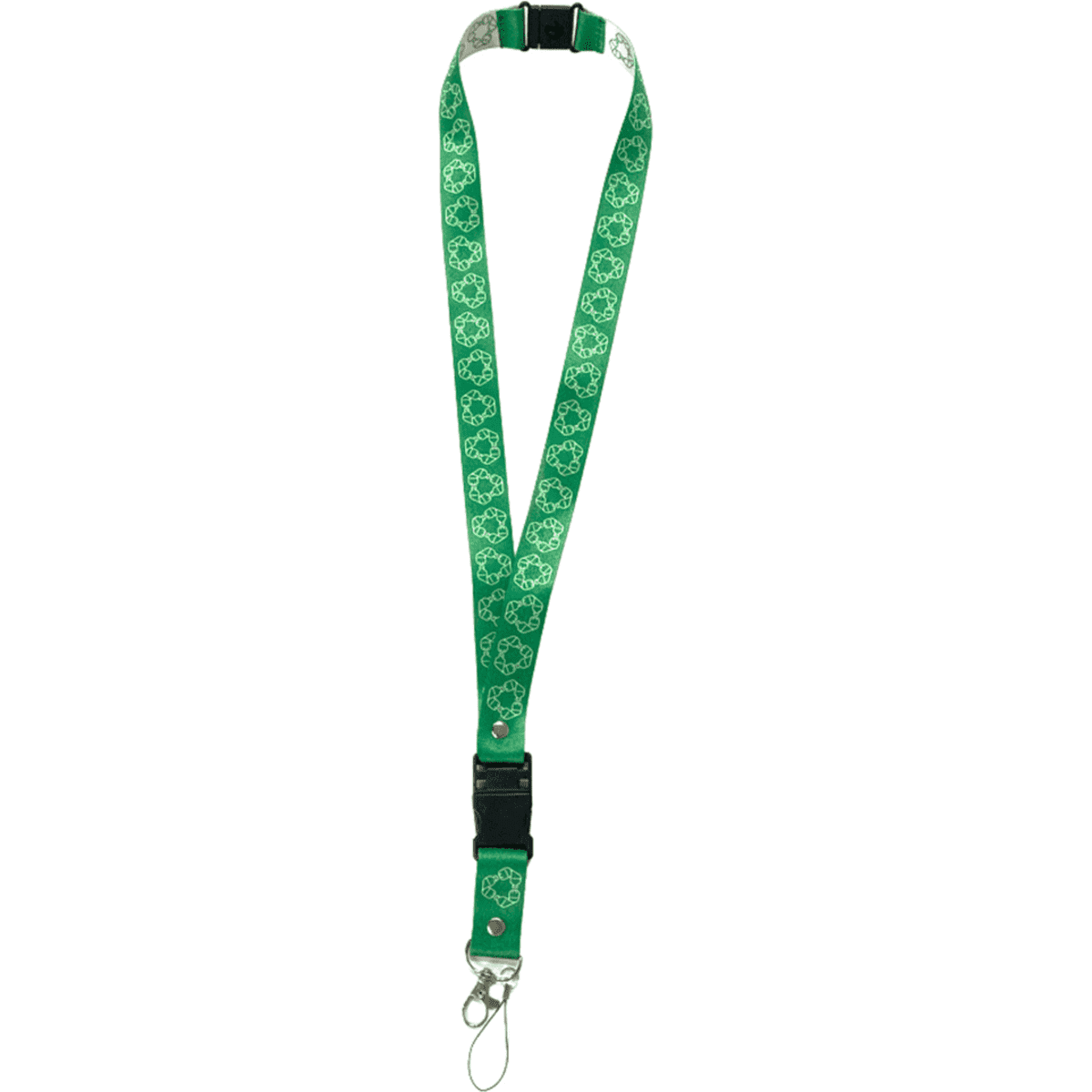 A green rPET USB sublimated lanyard featuring a floral pattern and a metal clip for attachments.