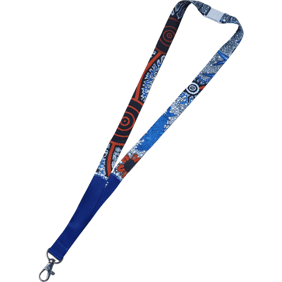 Wheat straw safety clip lanyard featuring a vibrant blue and red design with a metal clip.