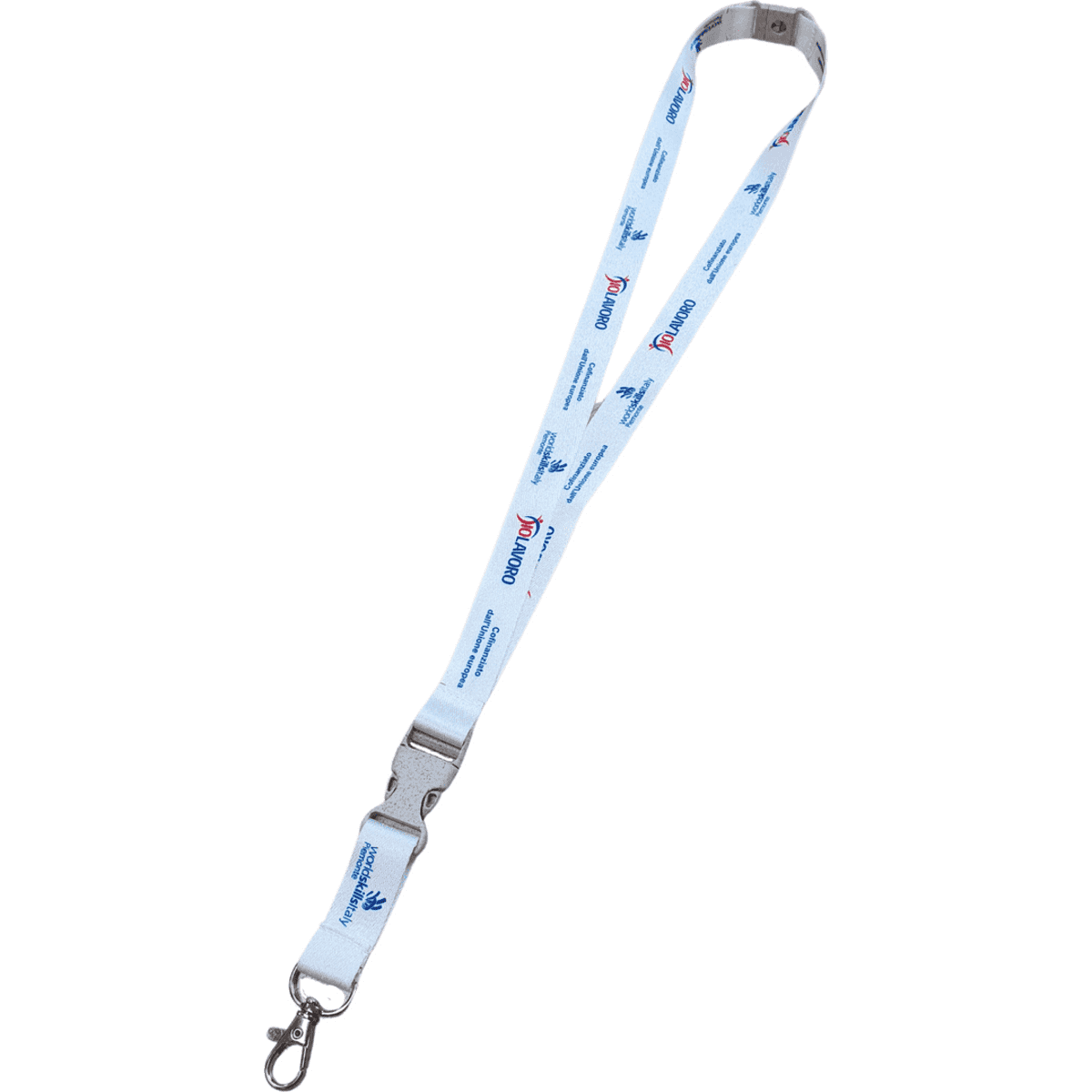A light blue lanyard featuring a logo, with a metal release buckle and a clip for attachment.