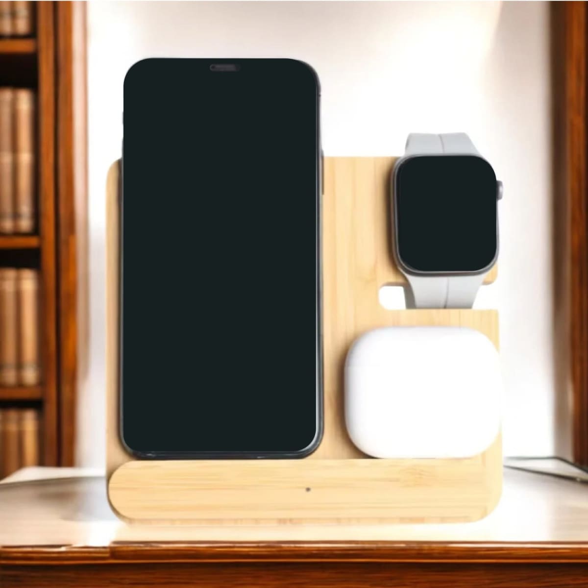 A wooden wireless charging station in natural colour, designed to charge a phone, smartwatch, and earbuds.