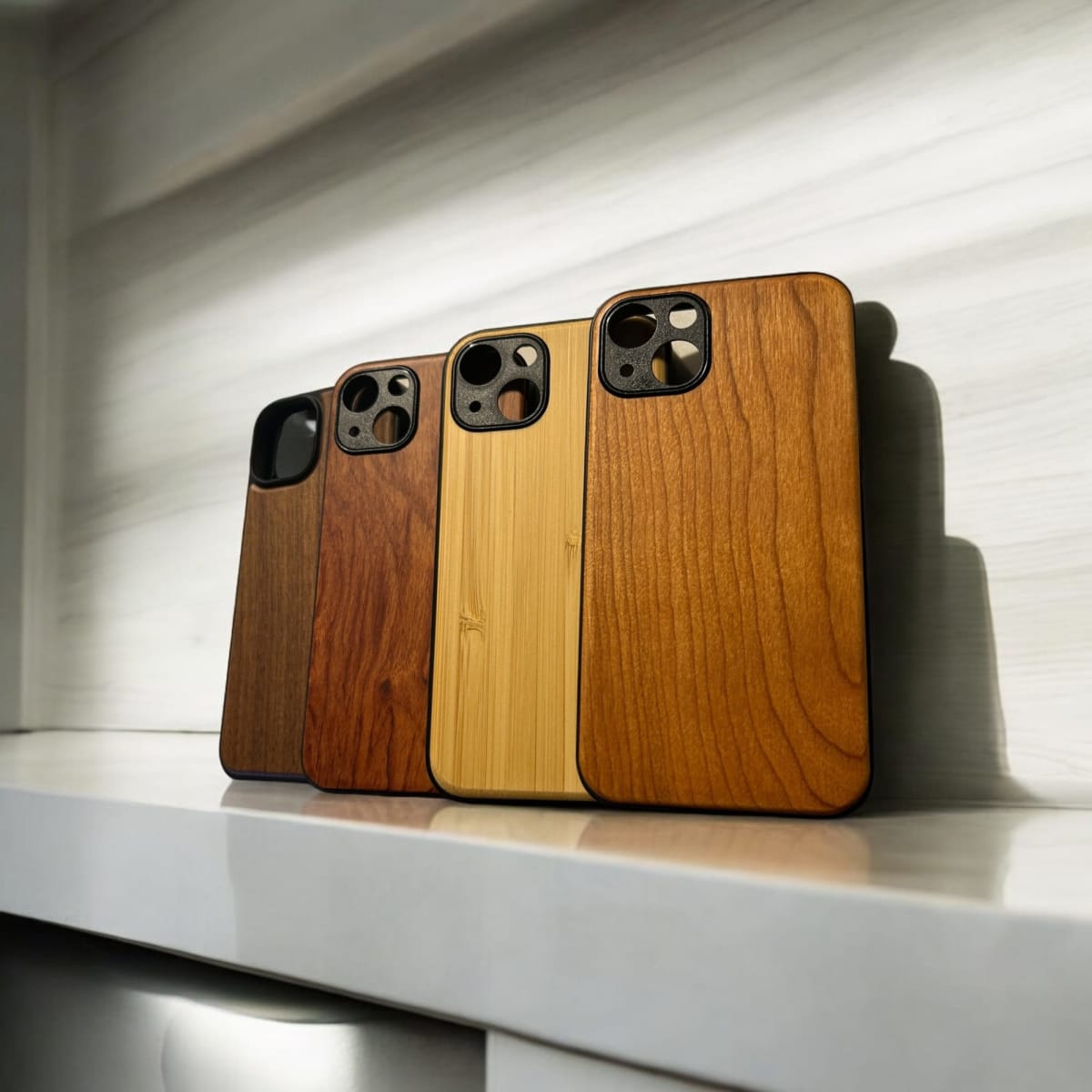 A collection of wooden iPhone cases in various shades, displayed on a shelf with soft lighting. Each case has a unique grain pattern and finish.
