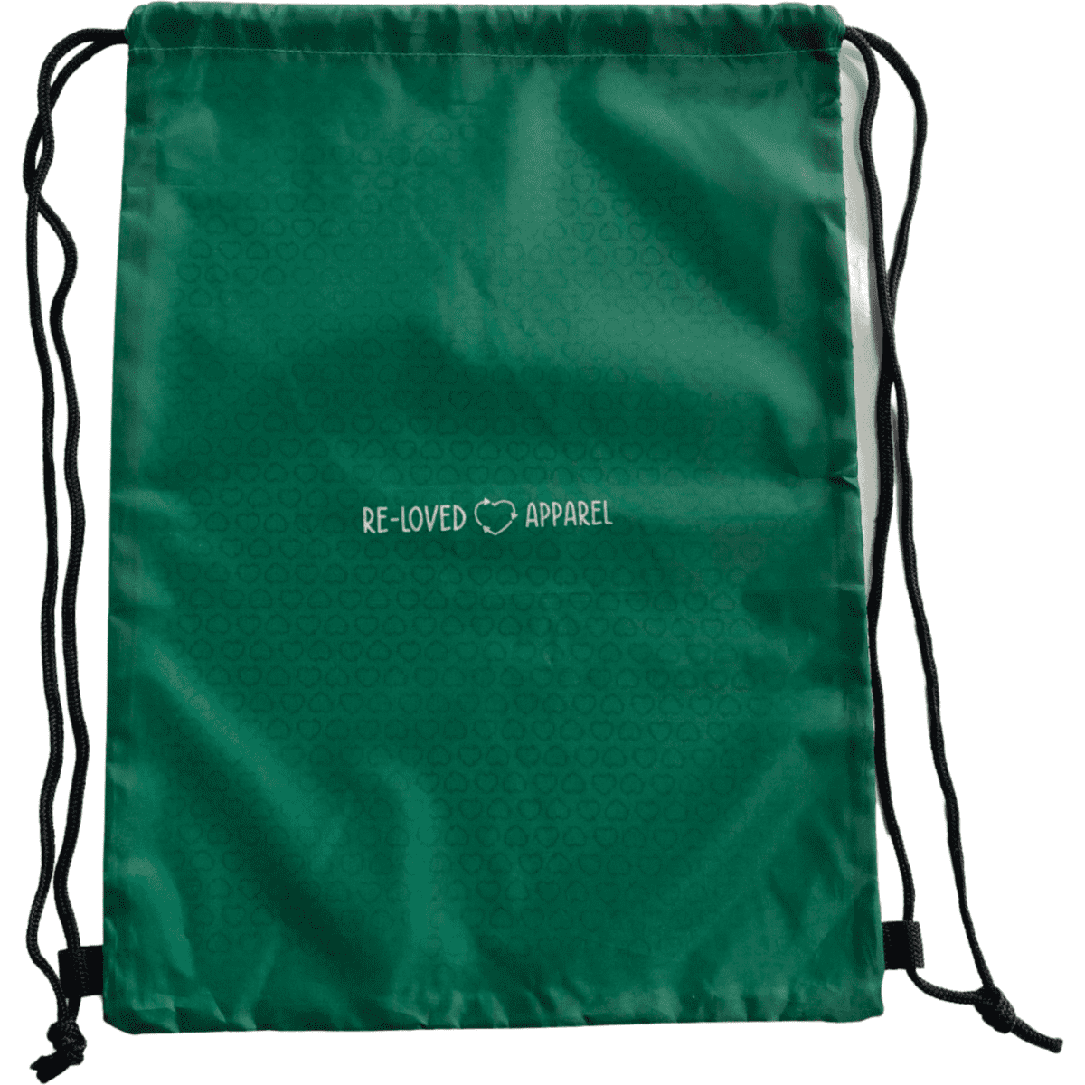 A medium green drawstring backpack made from recycled materials, featuring a logo.