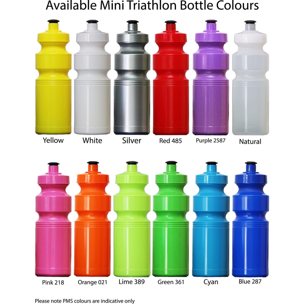A drink bottle collection featuring various colours: yellow, white, silver, red, purple, natural, pink, orange, lime, green, cyan, and blue. Each has a logo.