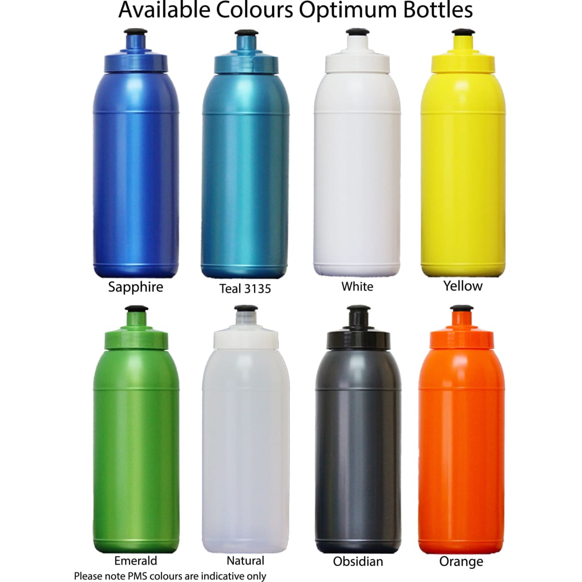 A drink bottle in multiple colours, including sapphire, teal, white, yellow, emerald, natural, obsidian, and orange, with a logo.