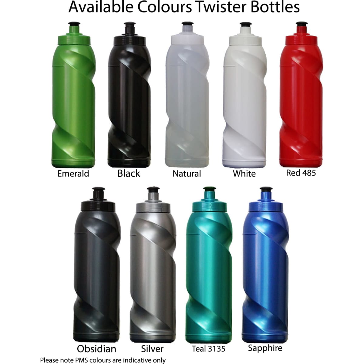 A drink bottle with a twisted design available in various colours, including emerald, black, natural, white, red, obsidian, silver, teal, and sapphire.