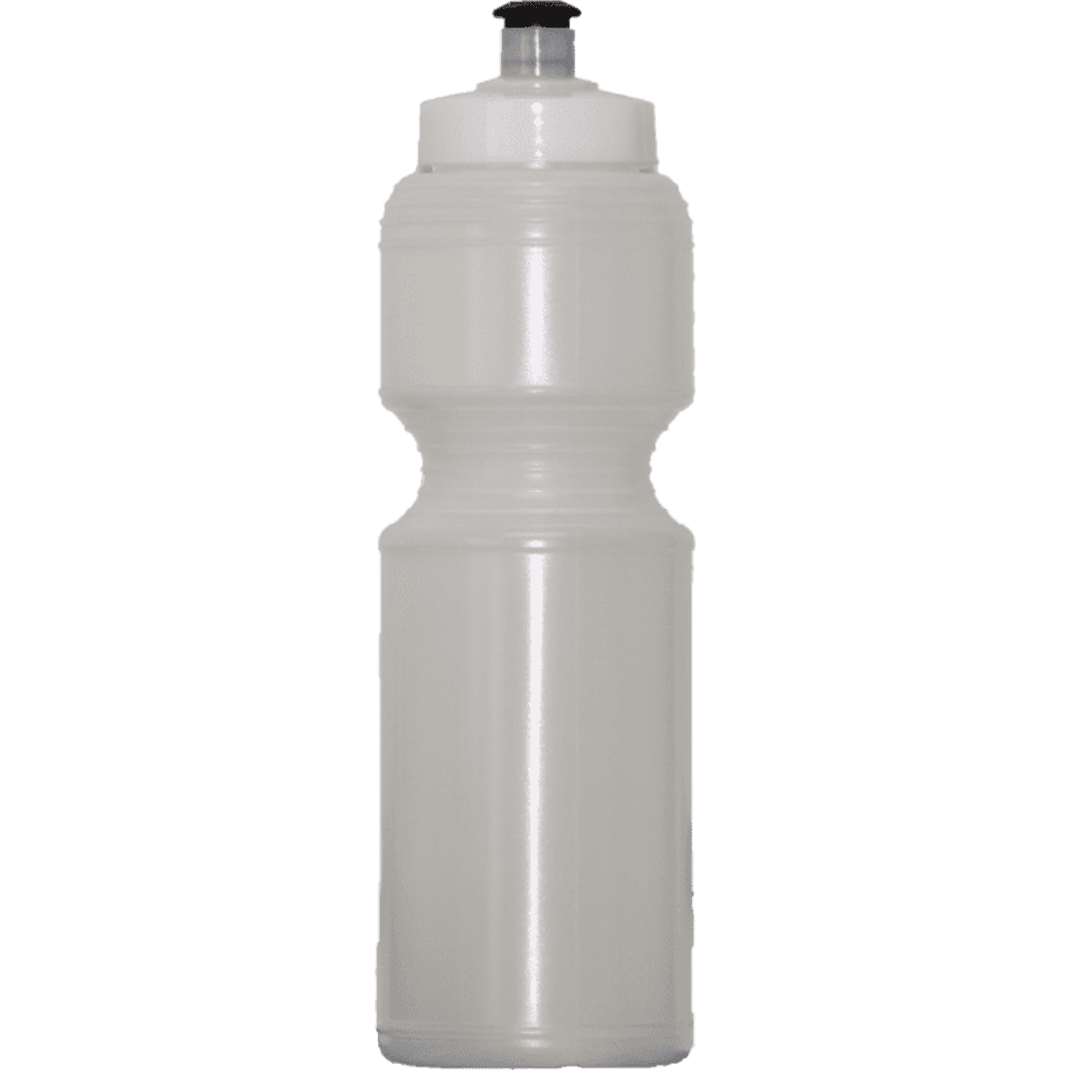 A drink bottle with a clear, recycled plastic design, featuring a black cap and an ergonomic shape.