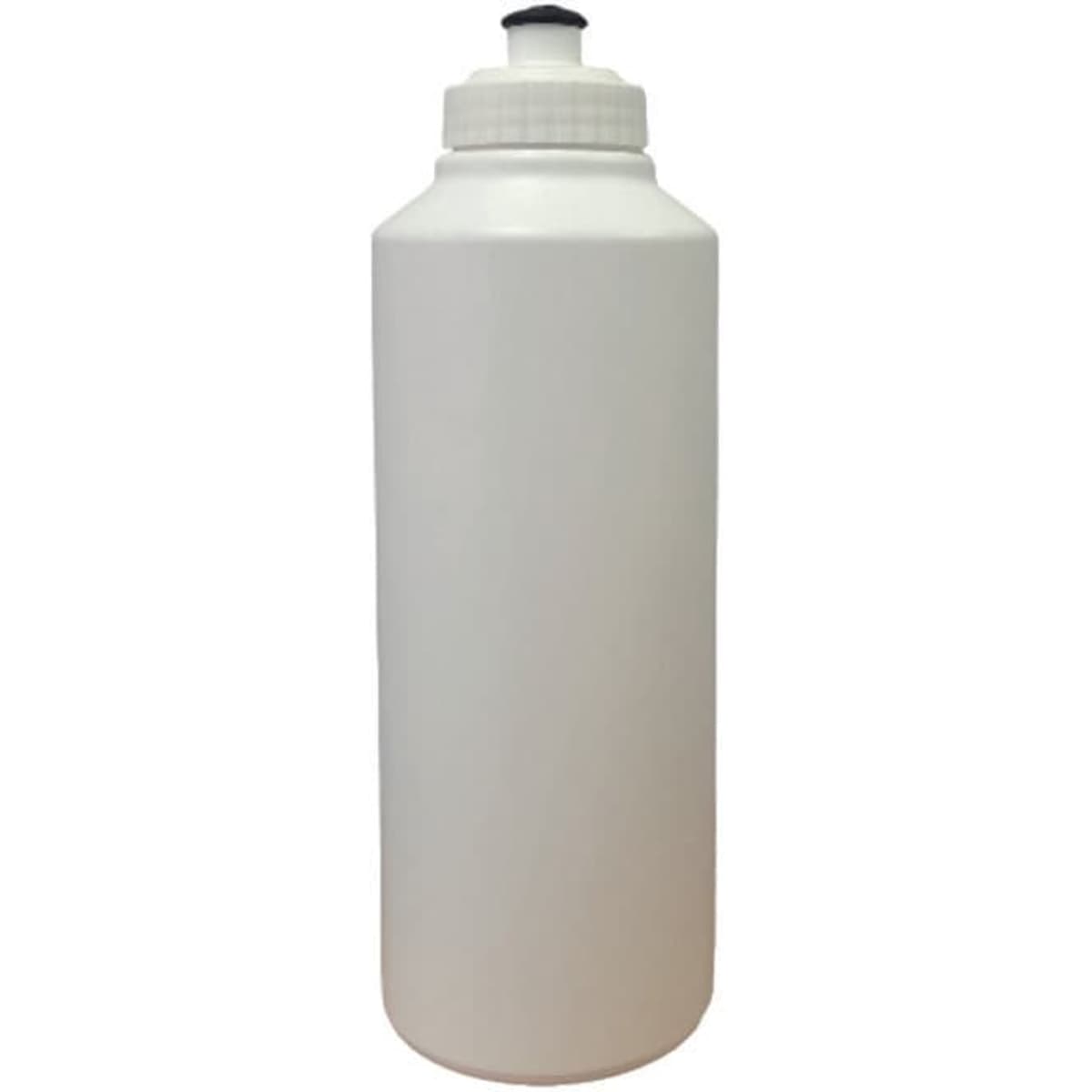A white drink bottle with a screw-top lid and a narrow spout. It features a logo on the side.