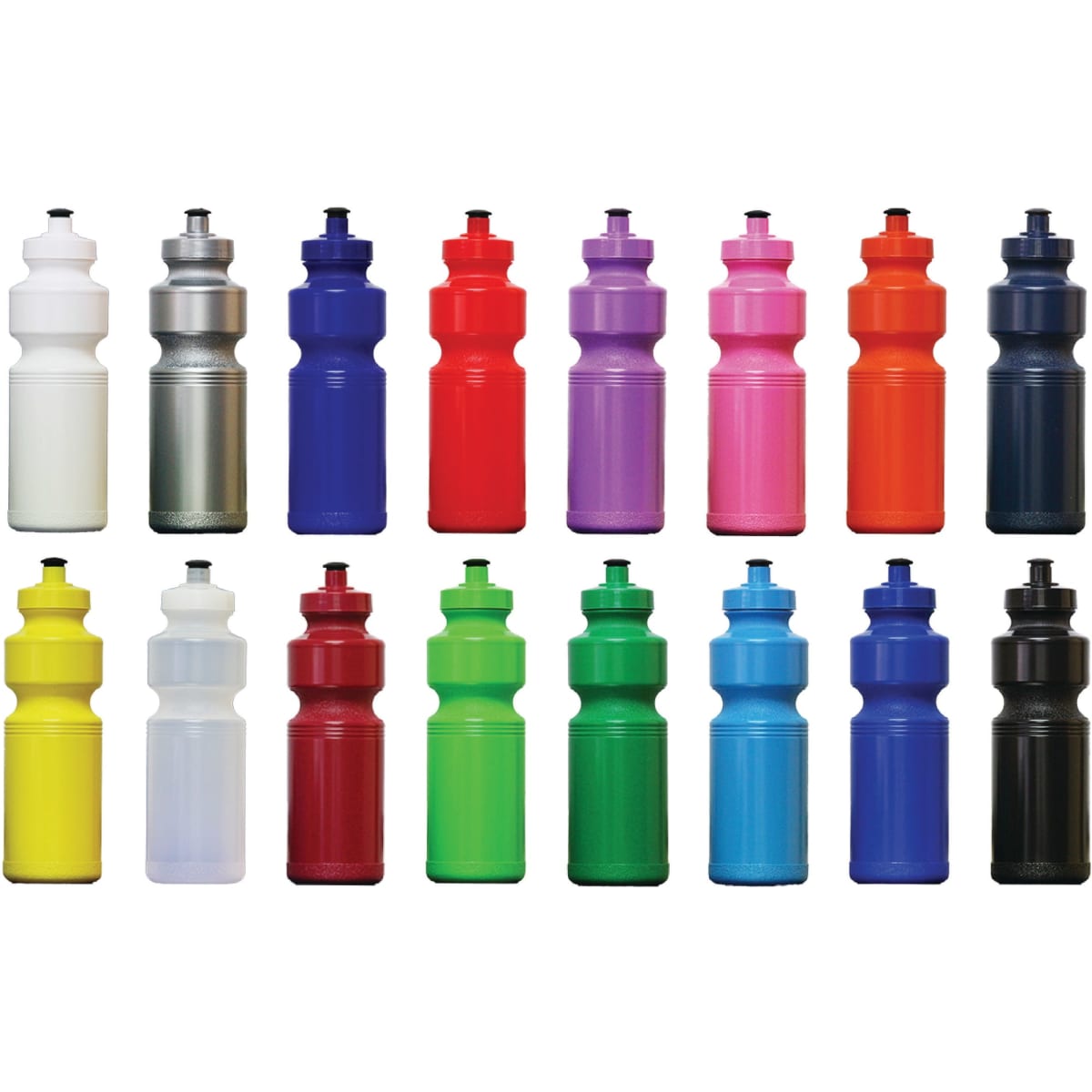A collection of triathlon drink bottles in various colours, including white, silver, purple, pink, red, green, yellow, and black, with logos.