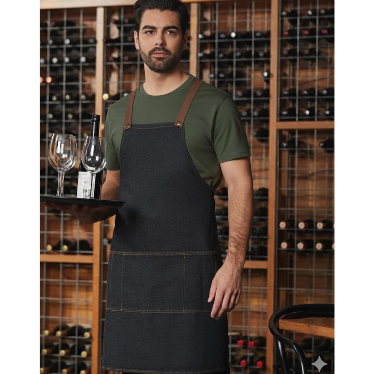 A denim bib apron in dark blue, worn by a man holding a tray with glasses and a bottle in a wine cellar setting.