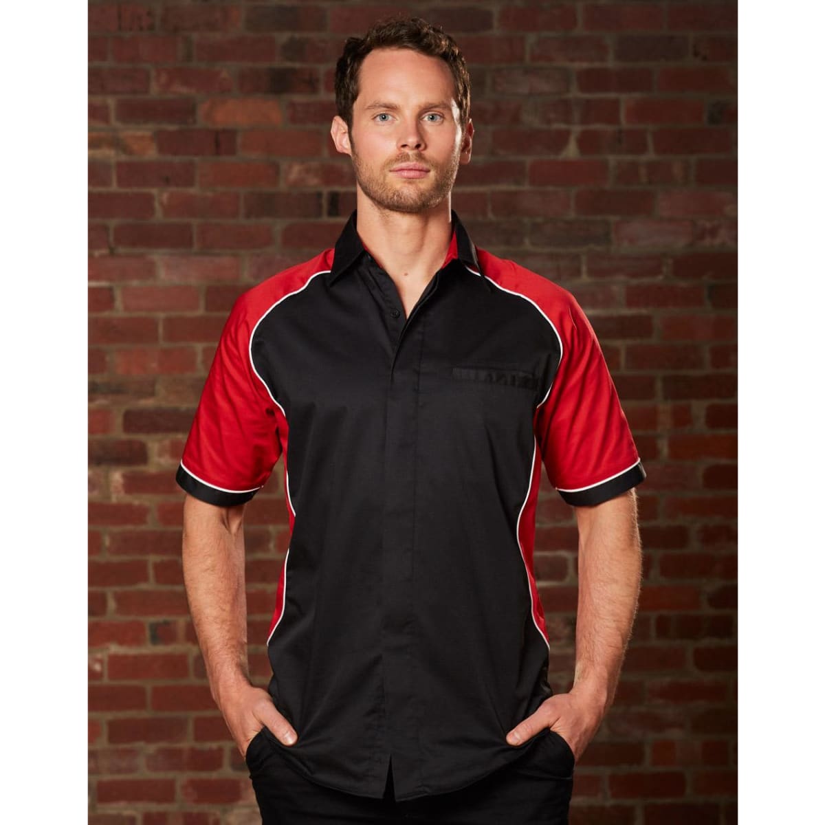A men's button-up shirt featuring a tri-colour design with black, red, and white contrast detailing. It has a logo.