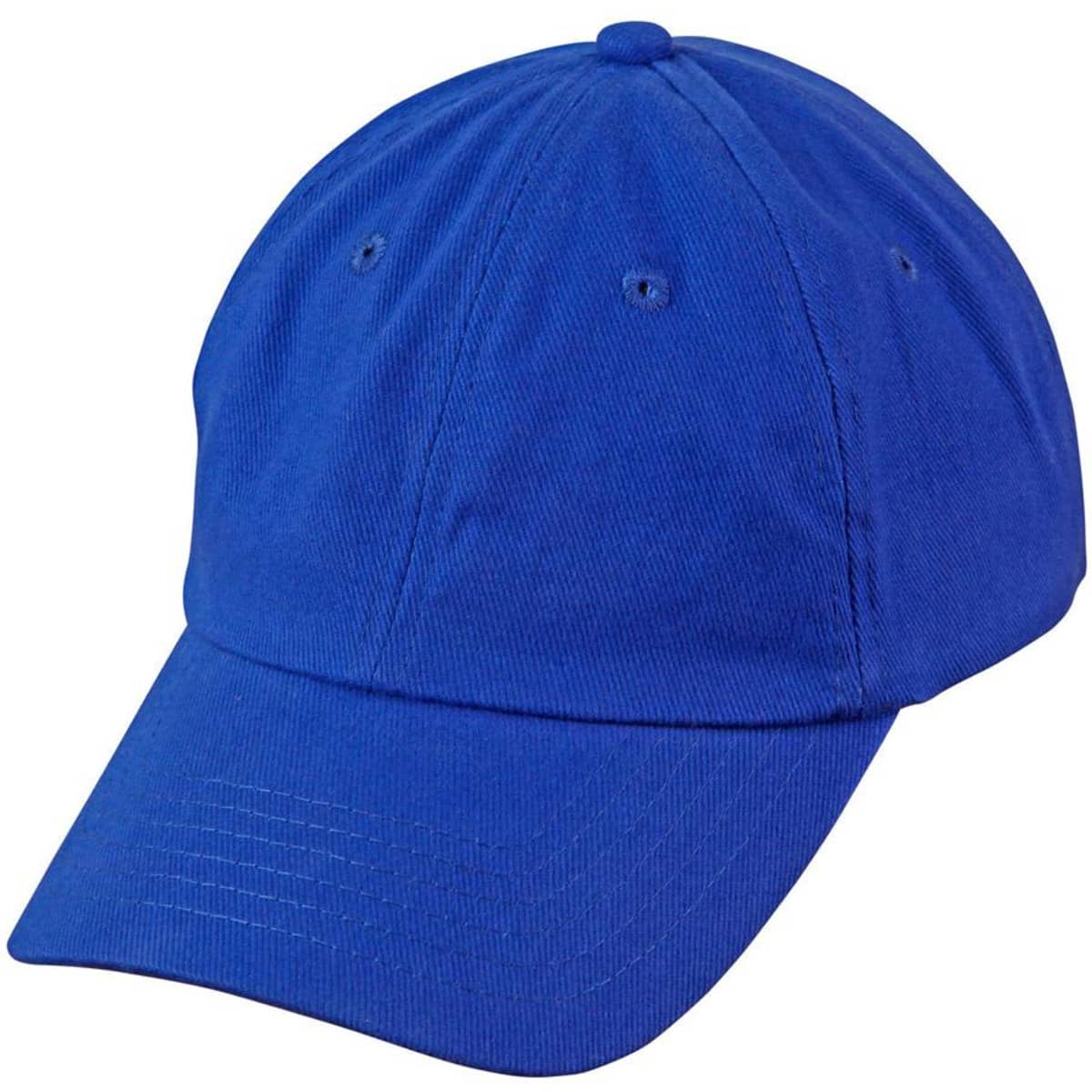 A blue unstructured cap featuring a logo, with a curved brim and ventilation holes.