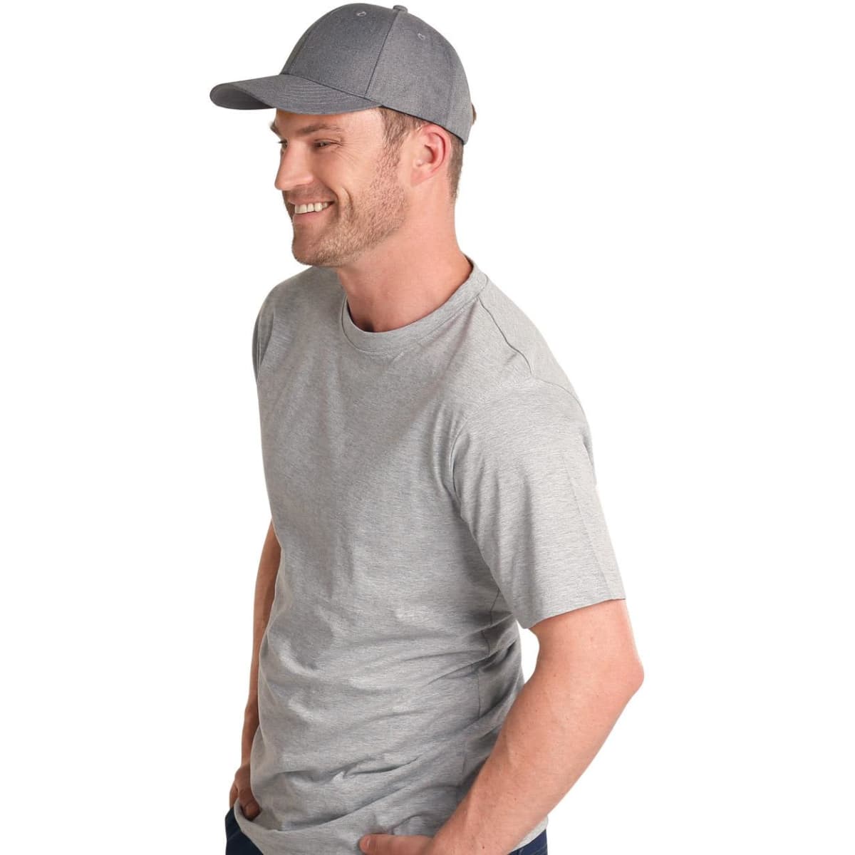 A grey cap with a curved brim, modeled by a smiling man wearing a grey t-shirt. The cap features a logo.