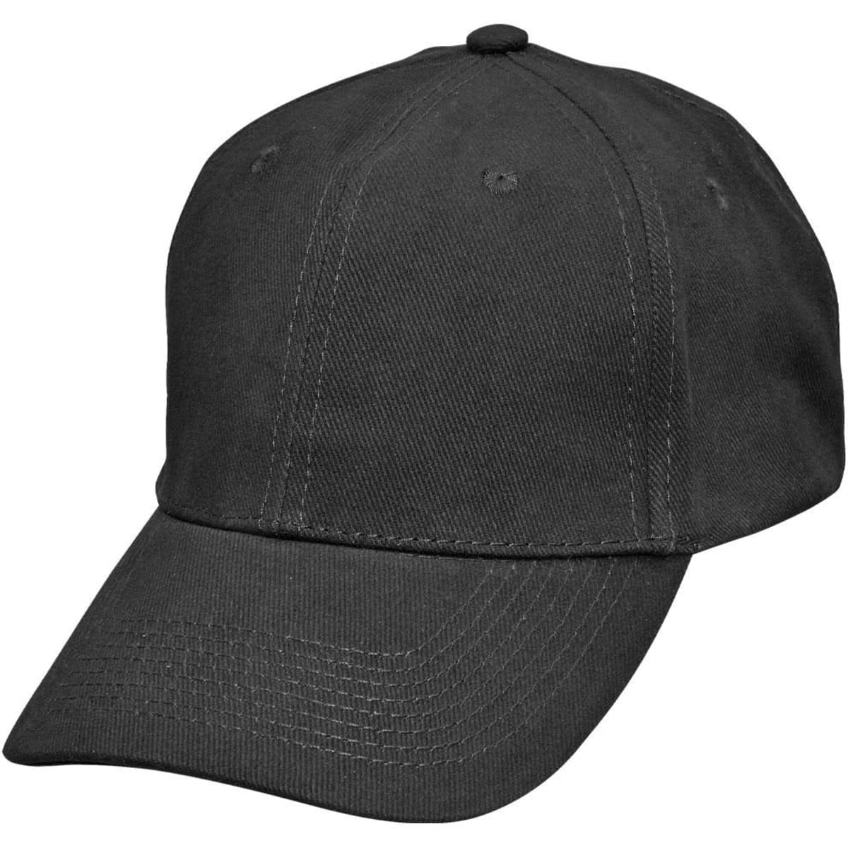 A black heavy brushed cotton cap with a buckle, featuring a curved brim and stitching details. It has a logo.