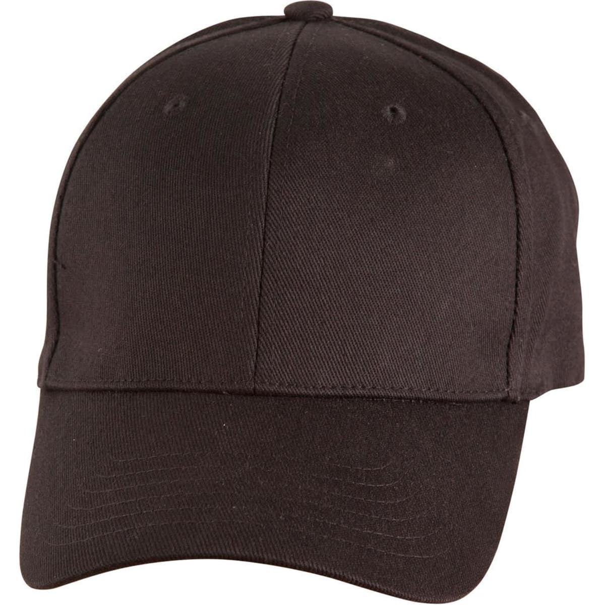 A black cotton fitted cap with a curved brim, featuring a logo on the front.