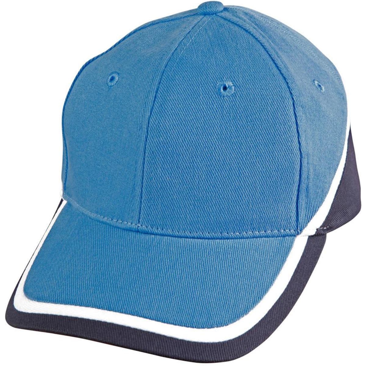 A cap featuring tri-colour design in blue, navy, and white with a logo on the front.