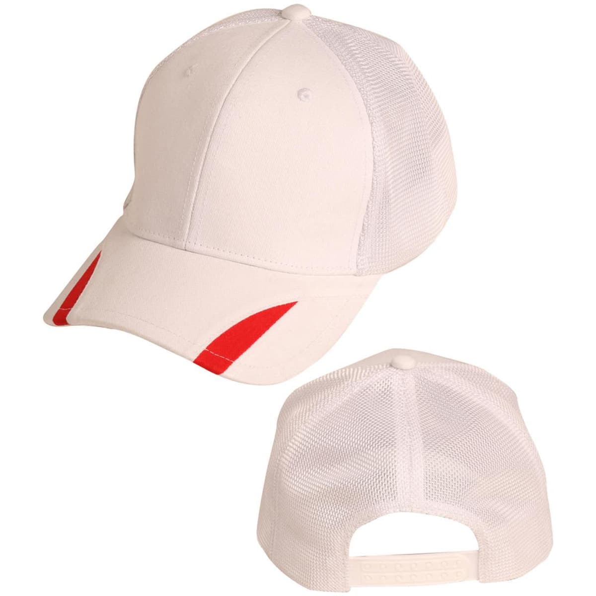 A white cap with red trim, featuring mesh panels and an adjustable back strap. It has a logo on the side.
