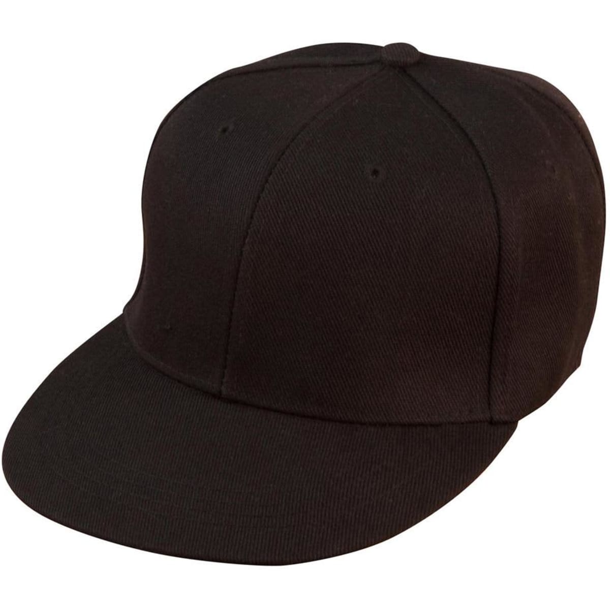 A black snapback cap with a structured design and a logo on the front.