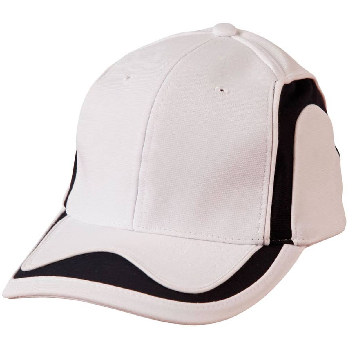 A white cap with black accents and a logo, featuring a curved visor and a structured design.
