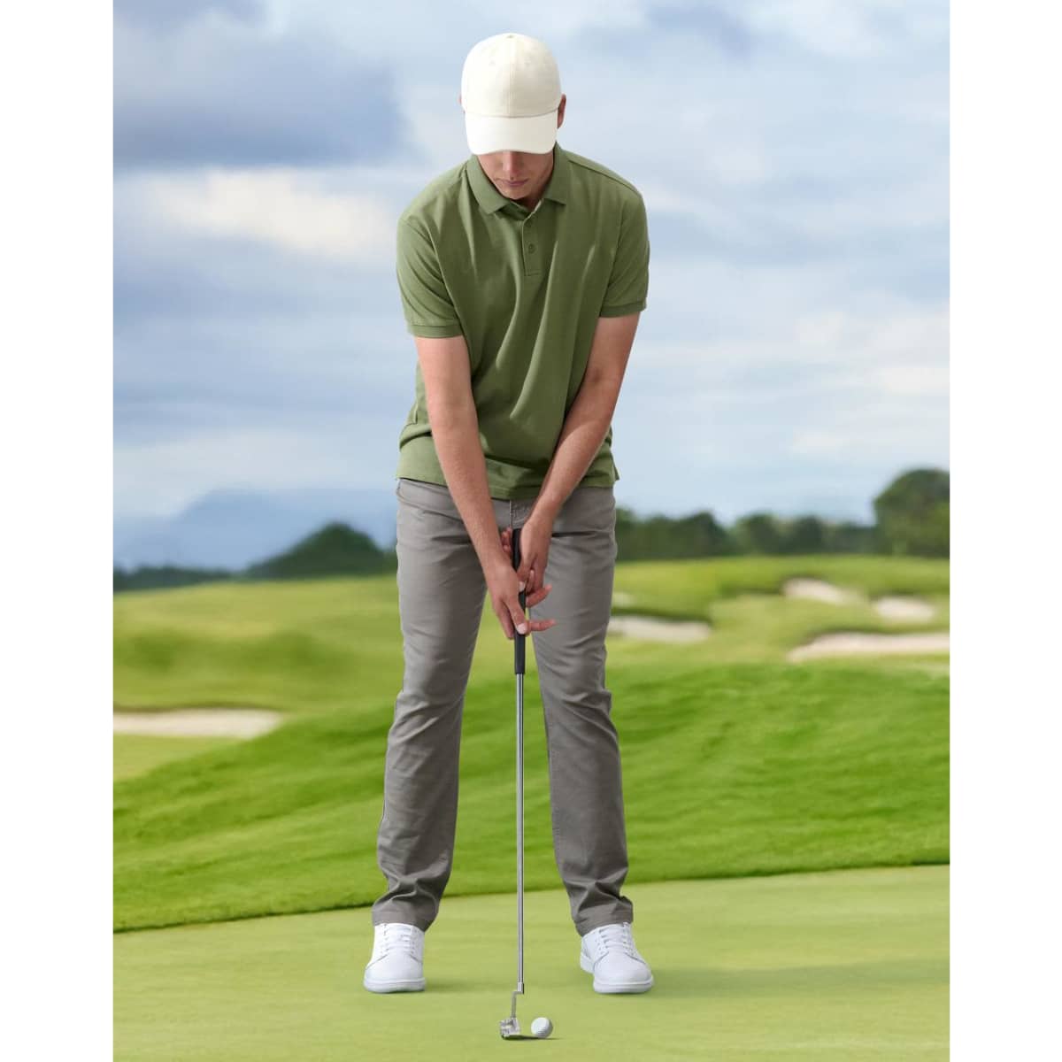 A golfer is putting on a green golf course, wearing a light-coloured cap, green polo shirt, and grey trousers.