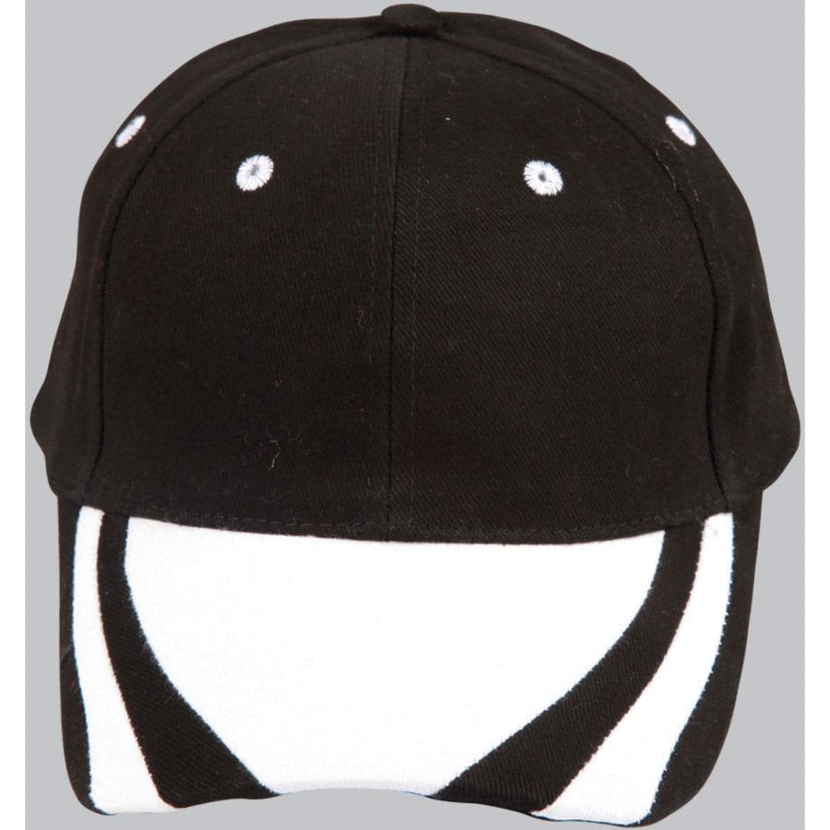 A black and red cap featuring contrasting design elements and a logo on the side.