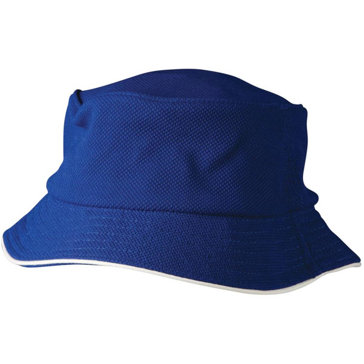 A blue pique mesh bucket hat with sandwich trim, featuring a logo. Ideal for sun protection and style.