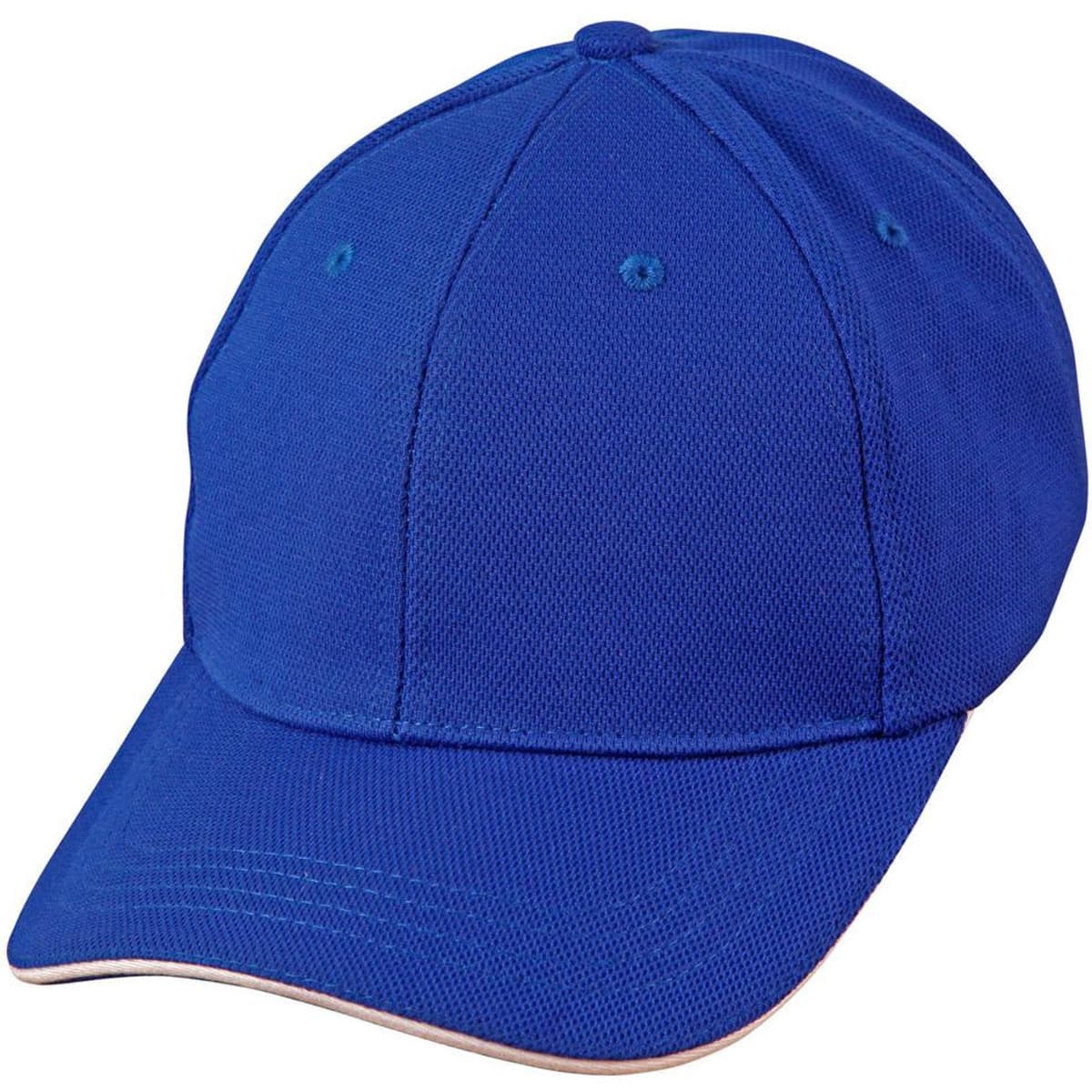 A blue Pique Mesh with Contrast Sandwich Cap featuring a structured design and a logo.