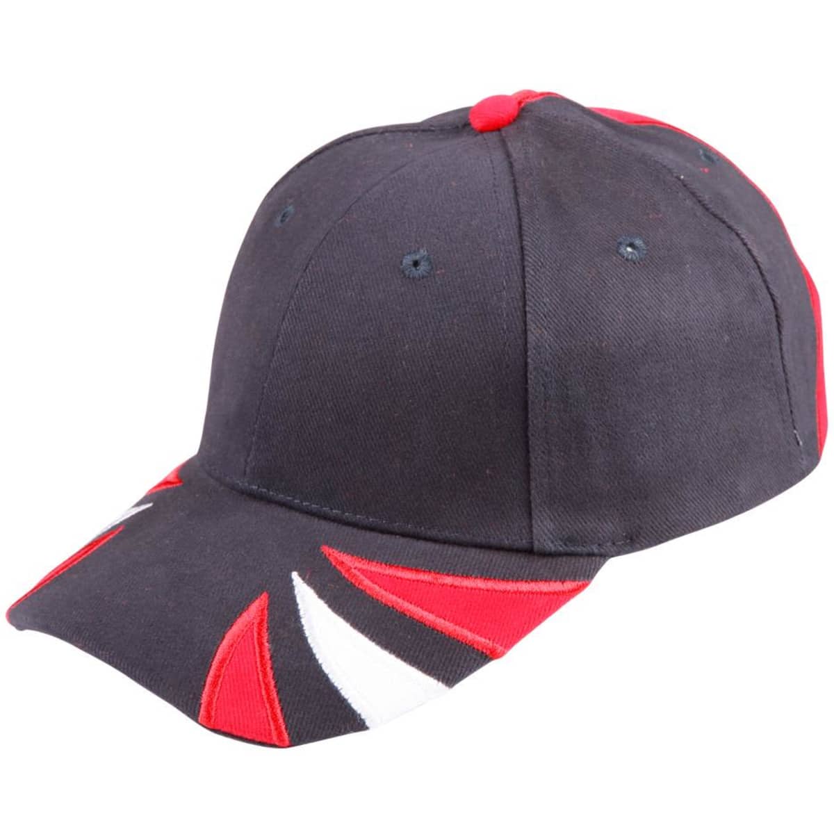 A tri-colour cap featuring black, red, and white design elements, with a logo on the front.