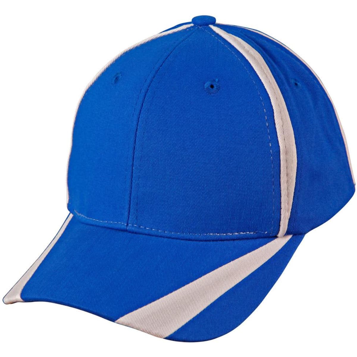A blue brushed cotton twill baseball cap with white contrast detailing and a logo on the front.