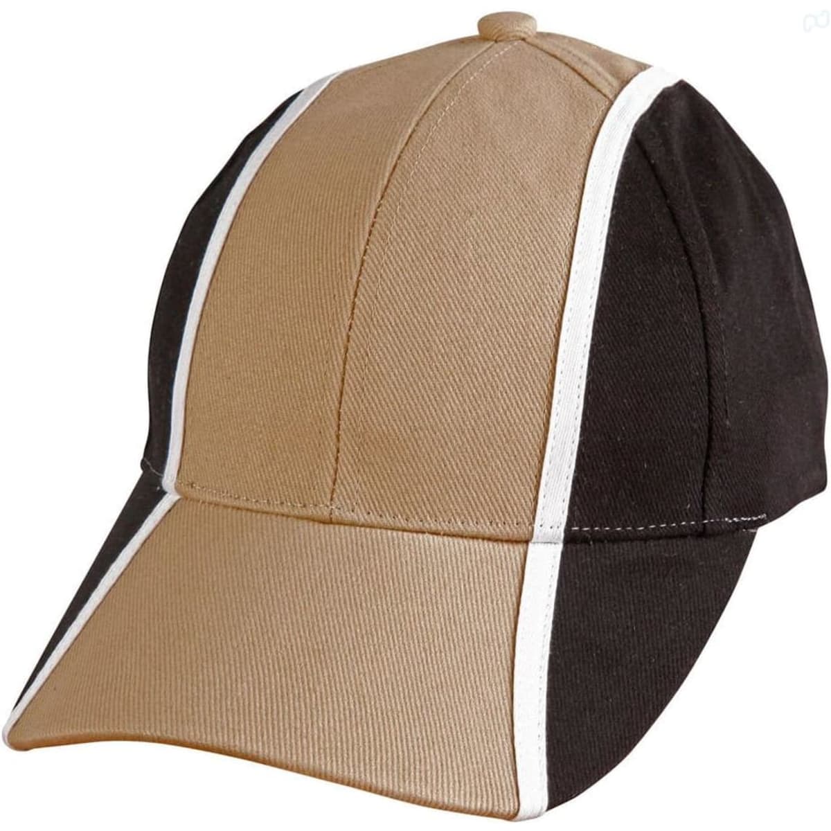 A tri-colour baseball cap featuring black, tan, and white panels, with a curved brim and a rear adjustment strap.
