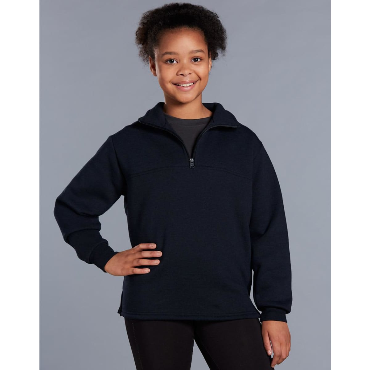 A navy blue half-zip collar fleece sweatshirt for kids, featuring a logo.