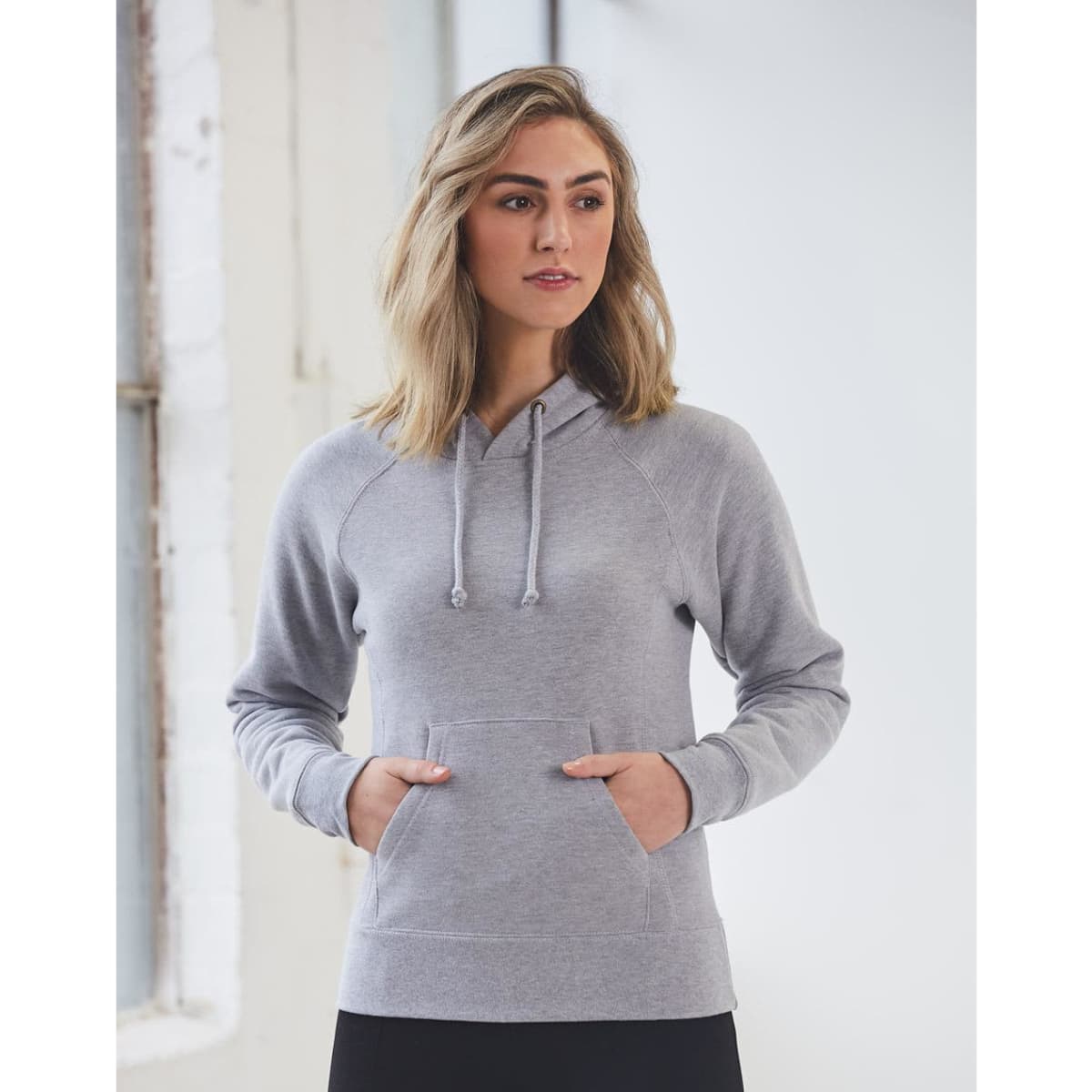 A light grey ladies' fleece hoodie with a front pocket and a drawstring hood. It features a logo.