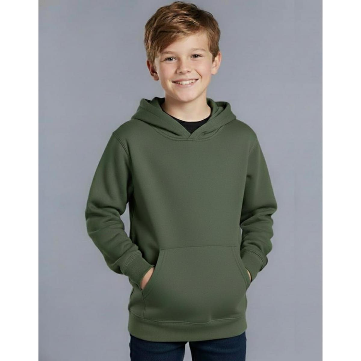A grey kids' fleecy hoodie with a front pocket and a hood, worn by a smiling child against a neutral background.