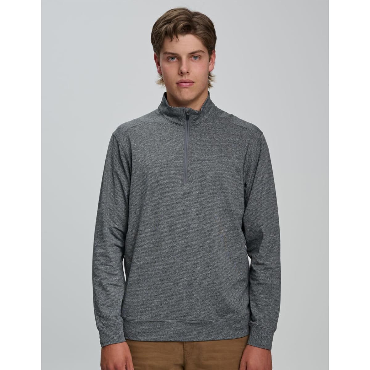 A men's half zip long sleeve sweatshirt in dark grey, featuring a subtle blend texture and a logo.