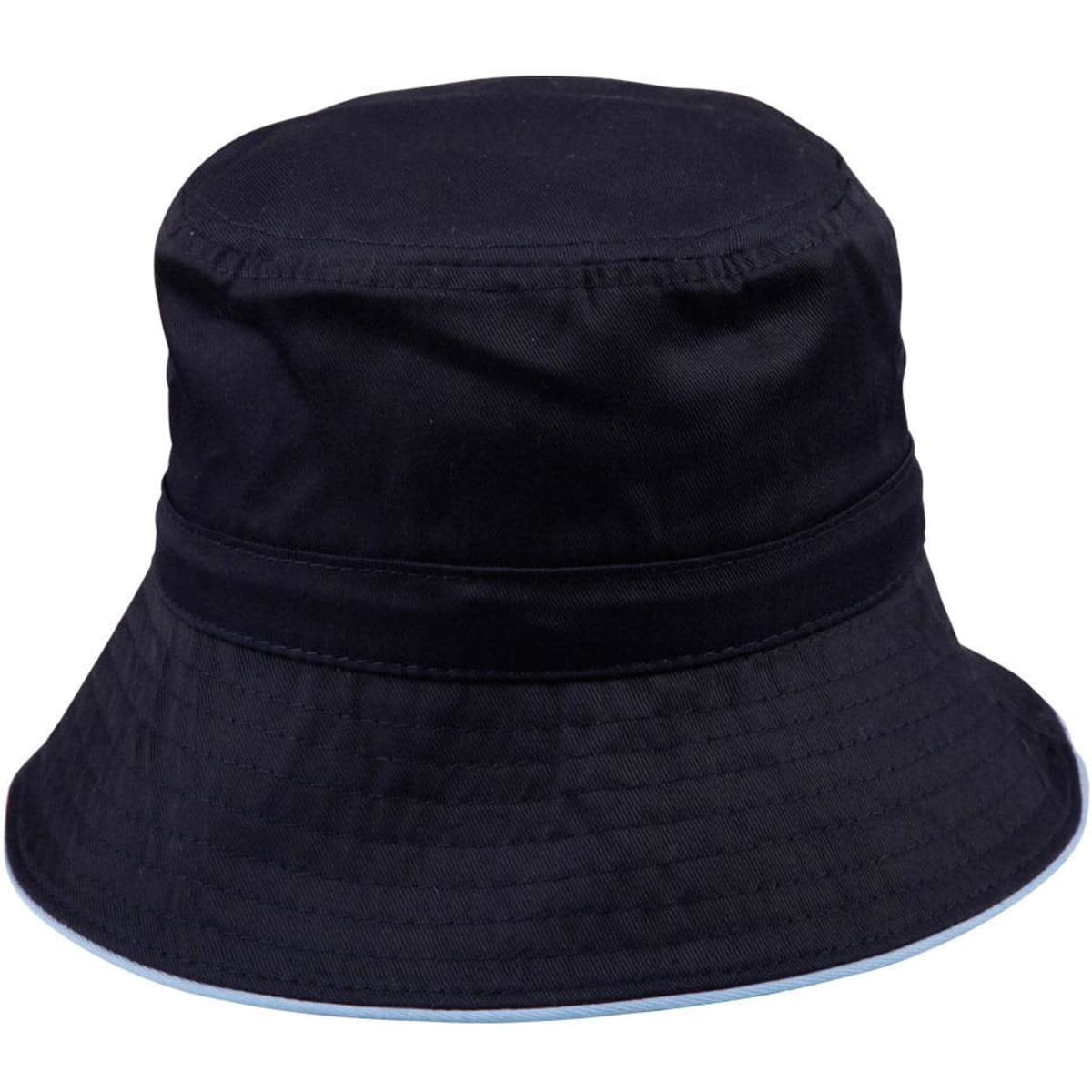 A black bucket hat with a wide brim, featuring a toggle adjustment and a decorative trim along the edge.