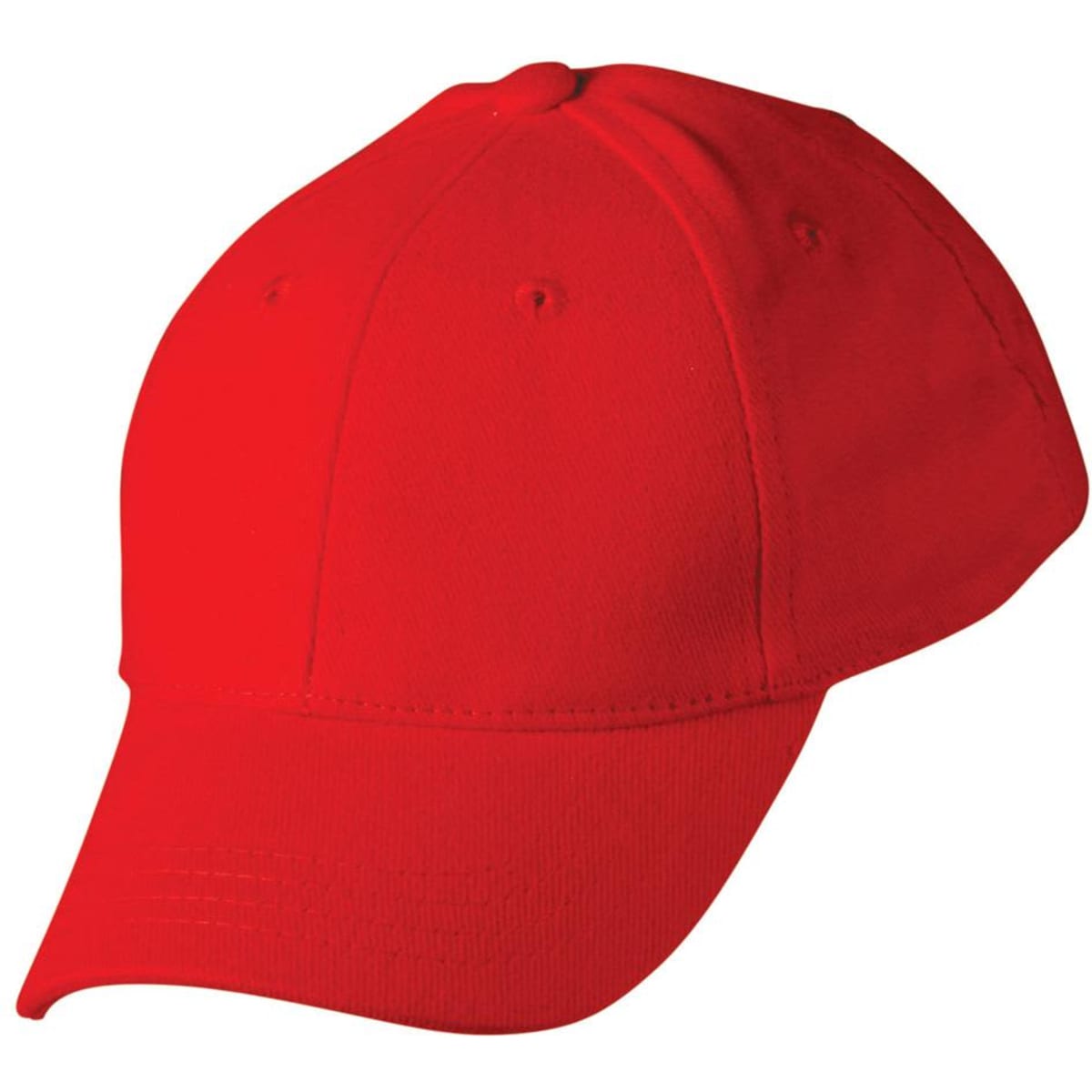 A red brushed cotton cap with a structured crown and curved brim, featuring a branding logo.