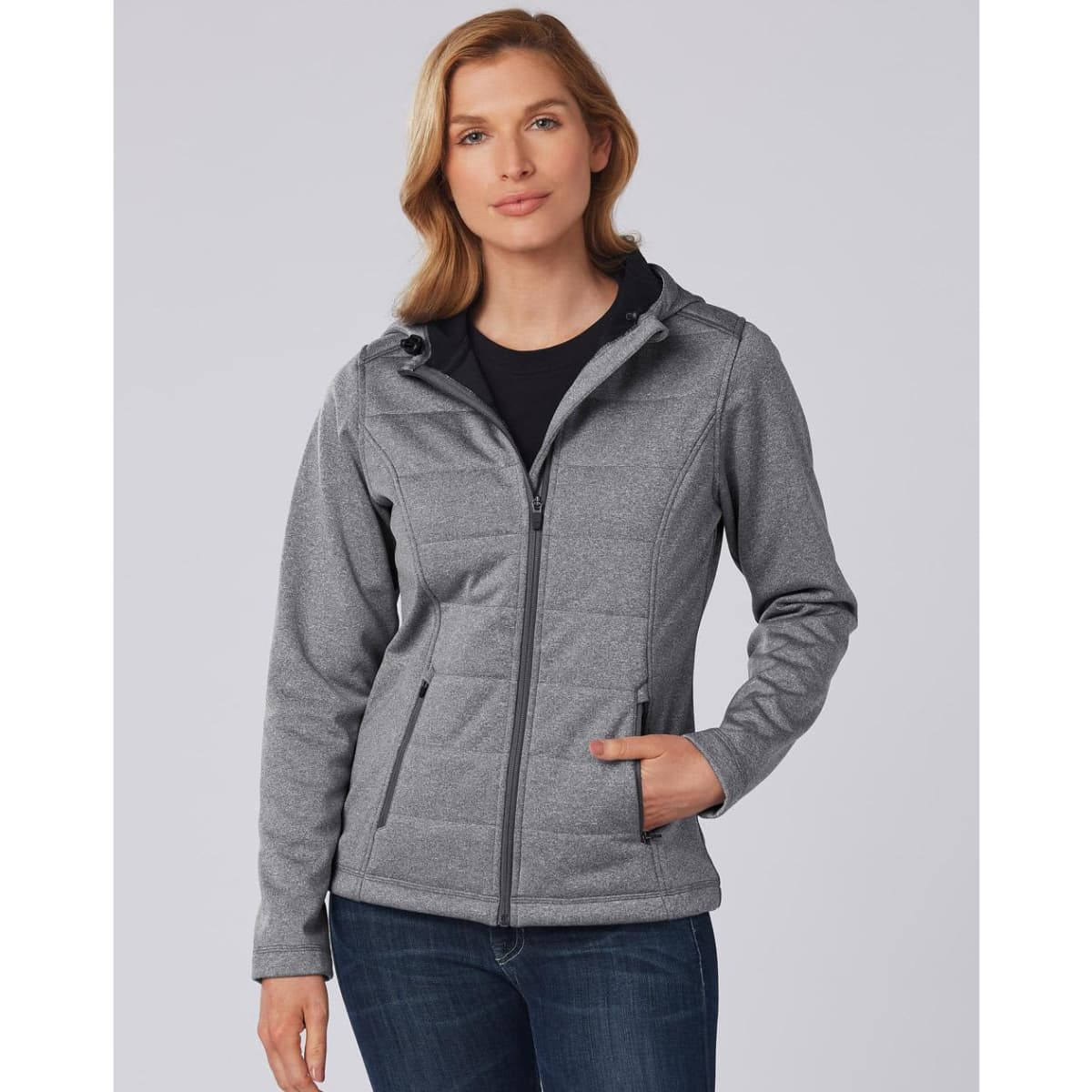 A quilted grey puffer jacket with a hood, featuring a zippered front and pockets, and includes a logo.